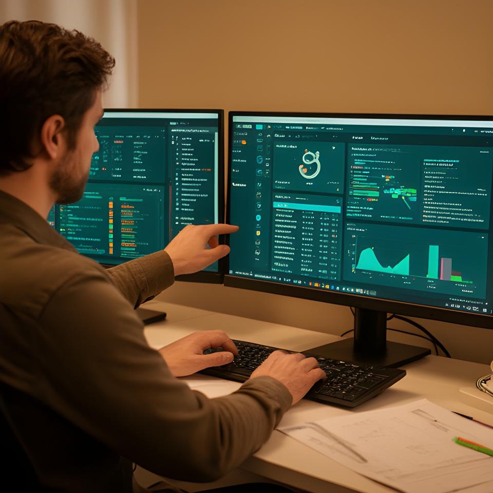 Database consultant reviewing SQL dashboards in a warm office with dual monitors and handwritten notes