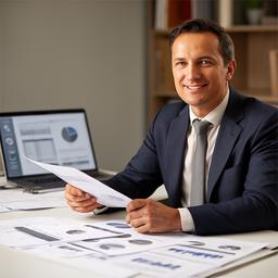 Confident finance leader reviewing clean financial reports at a desk with a laptop and spreadsheet