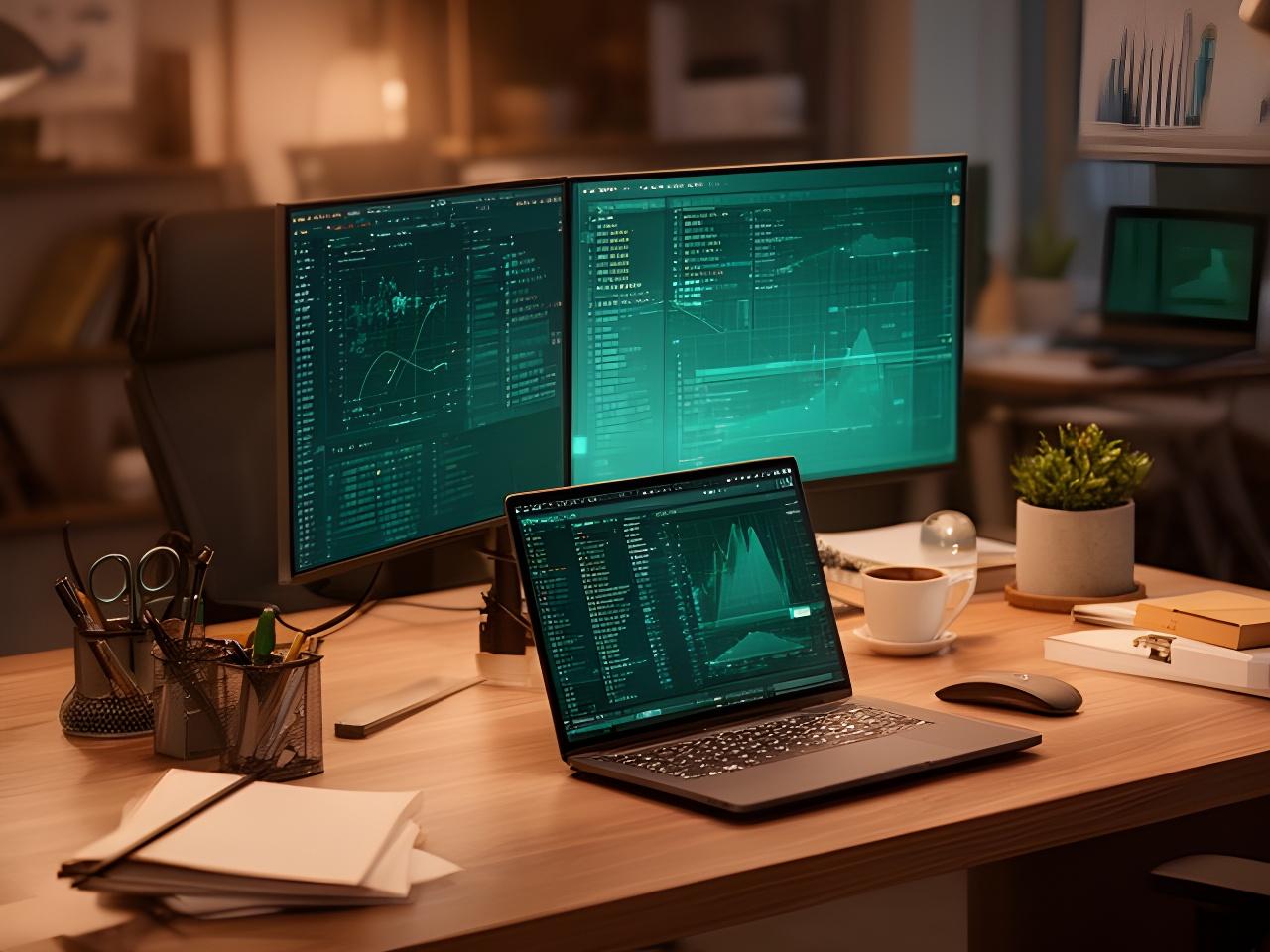 Modern database consultant workspace with warm light, monitors, and a clean office setting