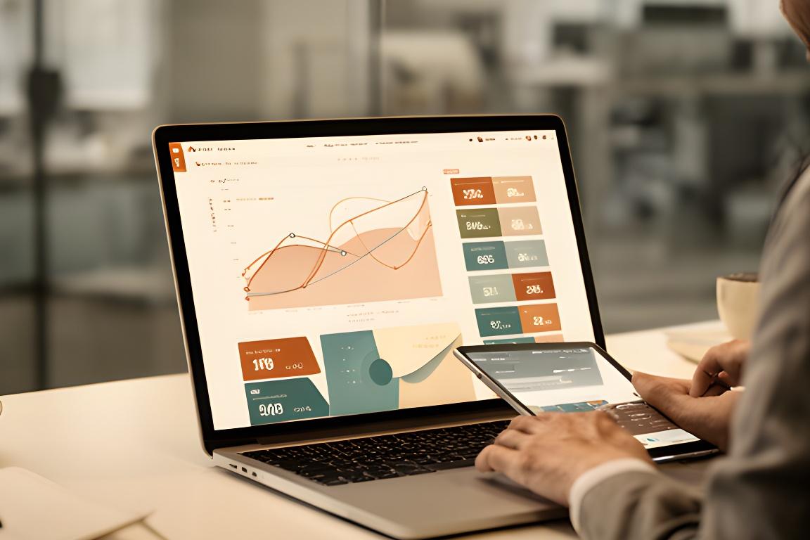 Business analyst reviewing a dashboard with trend lines and KPI charts in a modern office