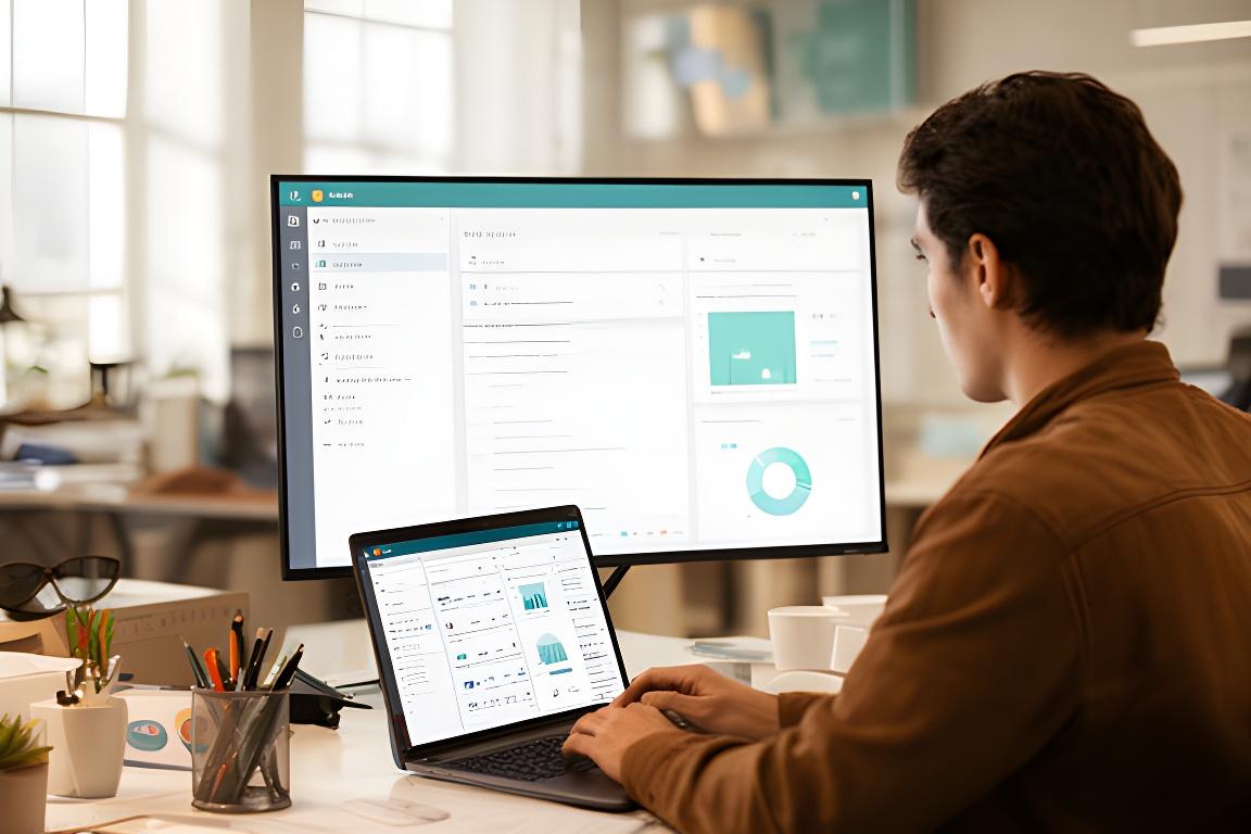Database specialist reviewing duplicate customer records on a bright analytics dashboard in a modern office