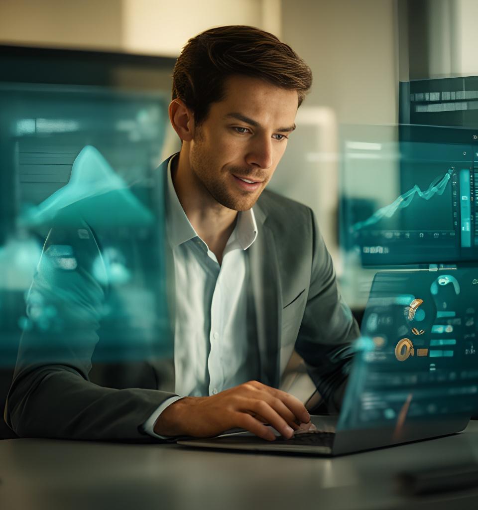 Database specialist reviewing performance dashboards in a modern office with glowing charts