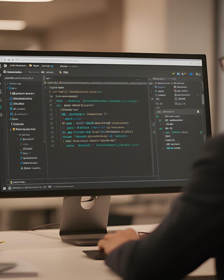 Database specialist reviewing a DBeaver workspace on a desktop screen in a modern office