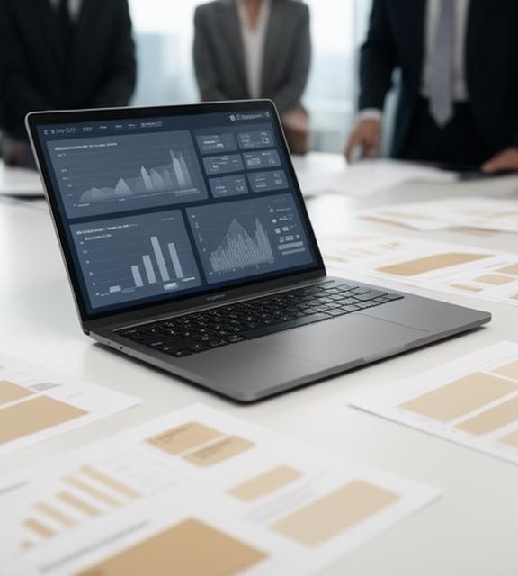 Executive financial summary displayed on a laptop beside printed charts in a meeting room