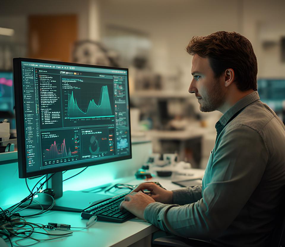 Database specialist reviewing SQL performance charts beside a glowing workstation in a modern office