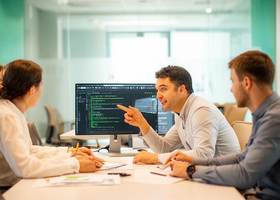 Local database consultant reviewing query plans with a client across a conference table in a bright meeting room