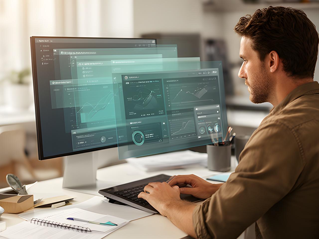 Database specialist reviewing industry dashboards on a bright workstation with layered analytics screens
