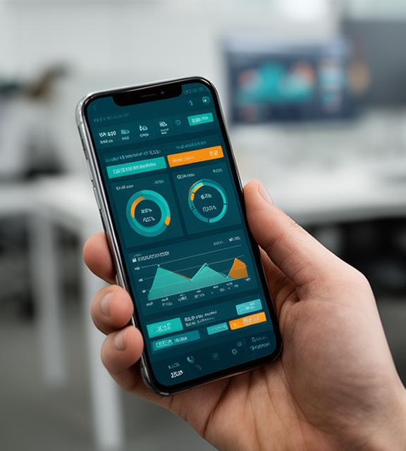 Mobile dashboard view showing key performance indicators on a phone held in one hand