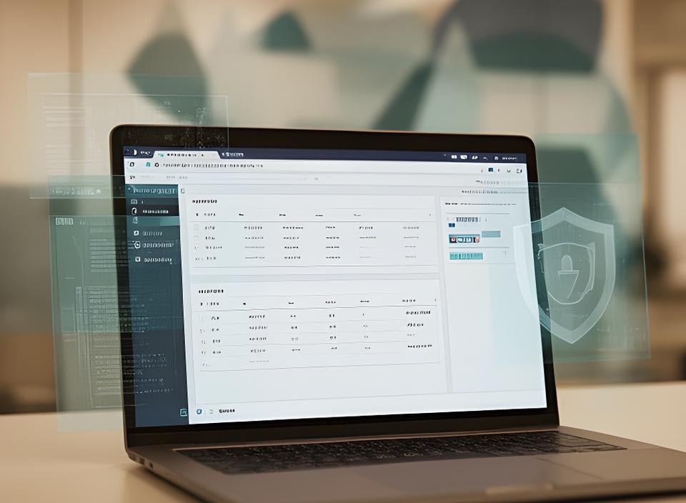 Secure database dashboard on a laptop in a modern office with a privacy-focused interface