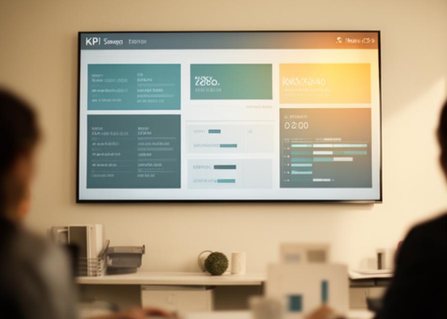 Retail KPI dashboard on a wall-mounted screen in a modern office with colour-coded charts
