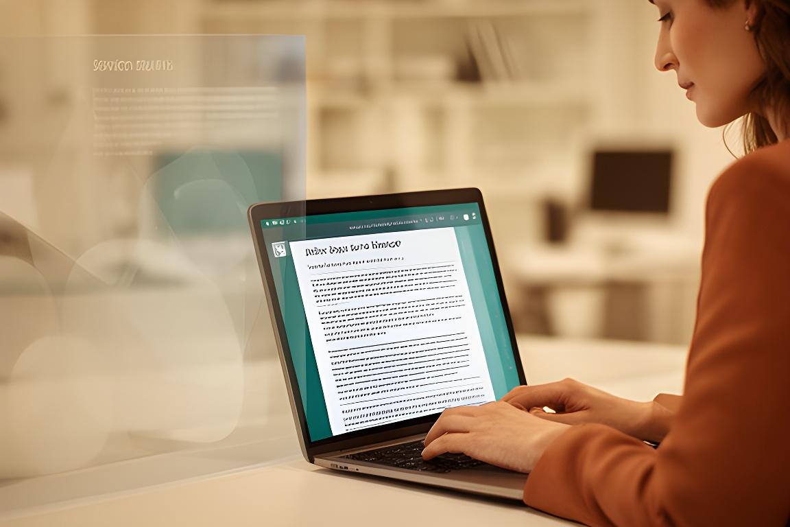 Database specialist reviewing service terms on a laptop in a modern office with warm lighting